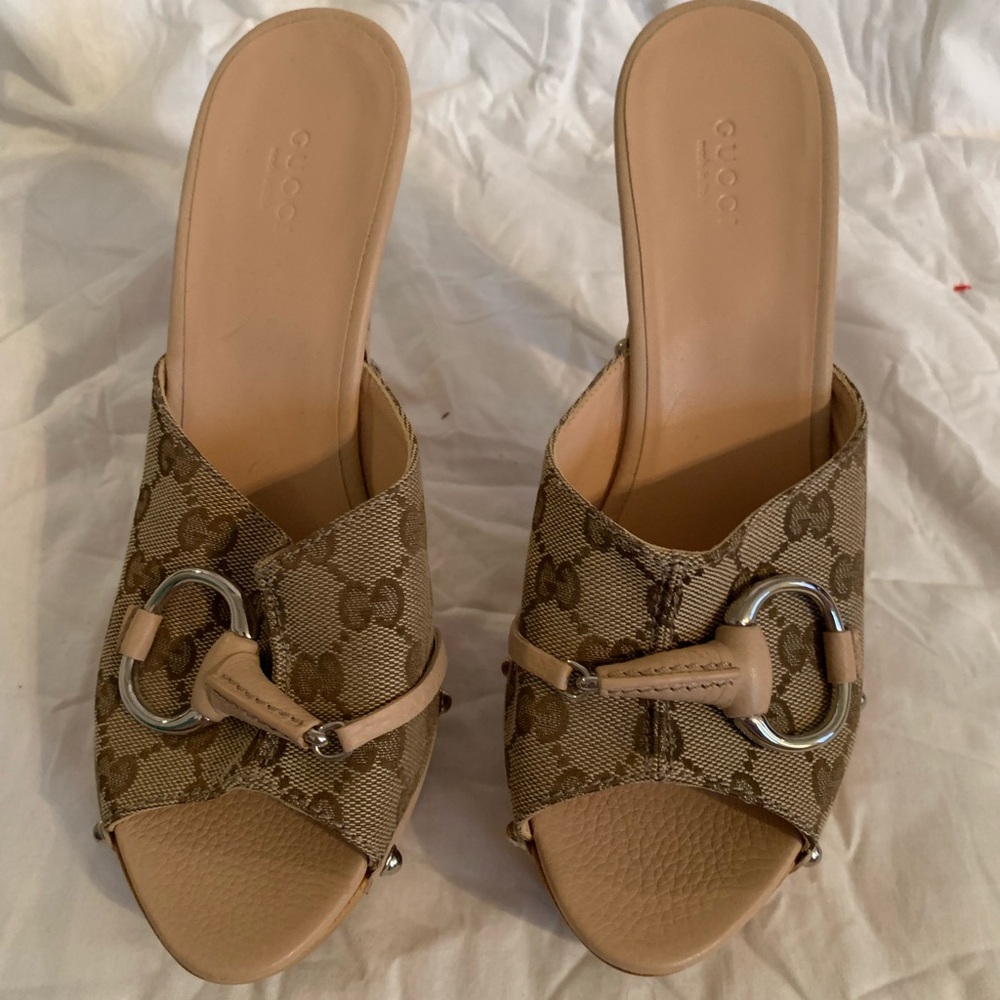 Gucci Beige Monogram Mule Heels with Silver Accents